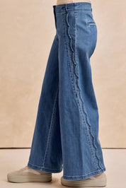 BIBI Wavy Side Edge Detail Lined Wide Leg Jeans on Simply Obsessed