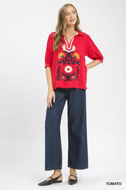 UMGEE Mixed Media V-Neck Print Blouse on Simply Obsessed