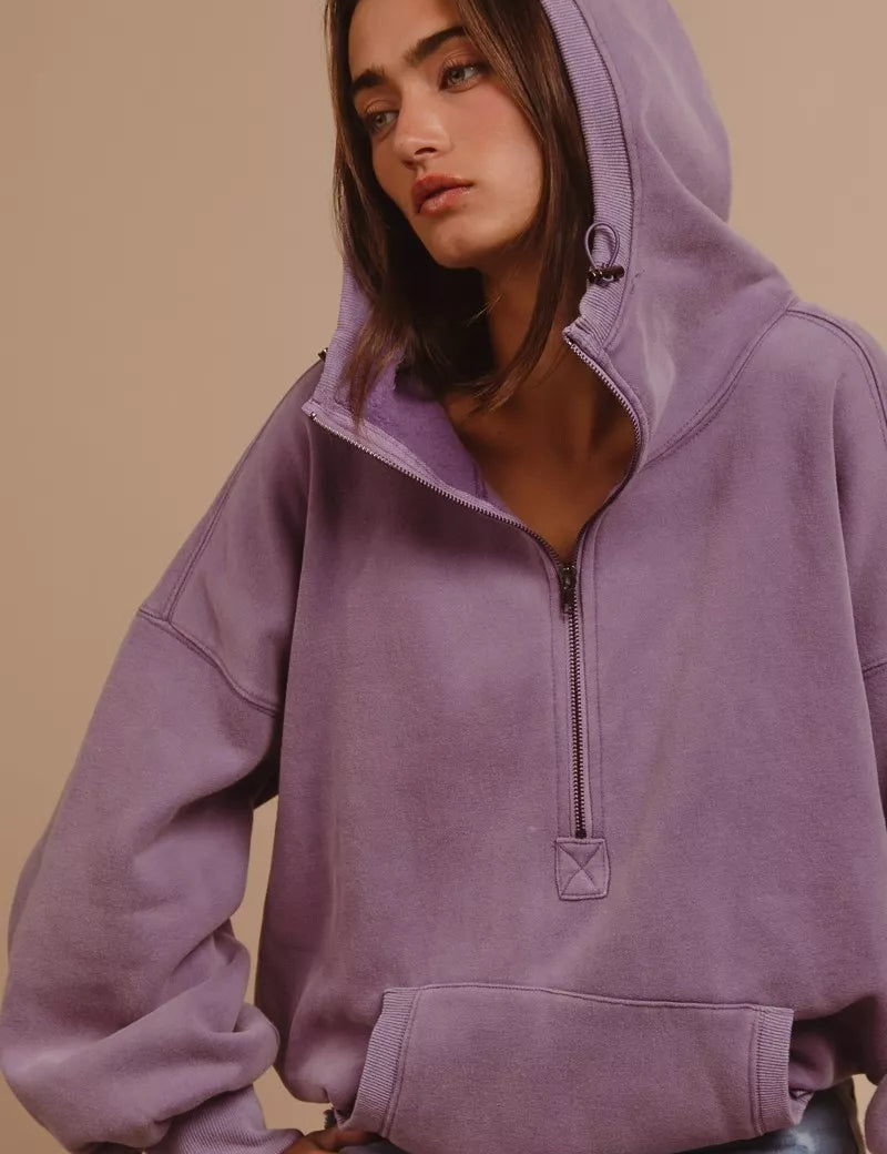 BIBI Stitch Detailed Elastic Hem Half Zip Fleece Hoodie on Simply Obsessed
