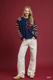 Umgee Flower Jacquard Striped Long Sleeve Sweater on Simply Obsessed