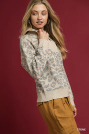 Umgee Leopard Print Quarter-Zip Knit Sweater on Simply Obsessed