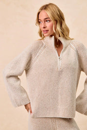 BiBi Two Tone Rib Texured Knit Collared Top with Zip Up on Simply Obsessed