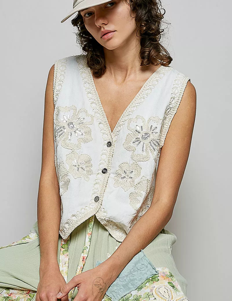 POL Embroidered Floral V-Neck Button Down Crochet Vest on Simply Obsessed