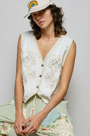 POL Embroidered Floral V-Neck Button Down Crochet Vest on Simply Obsessed