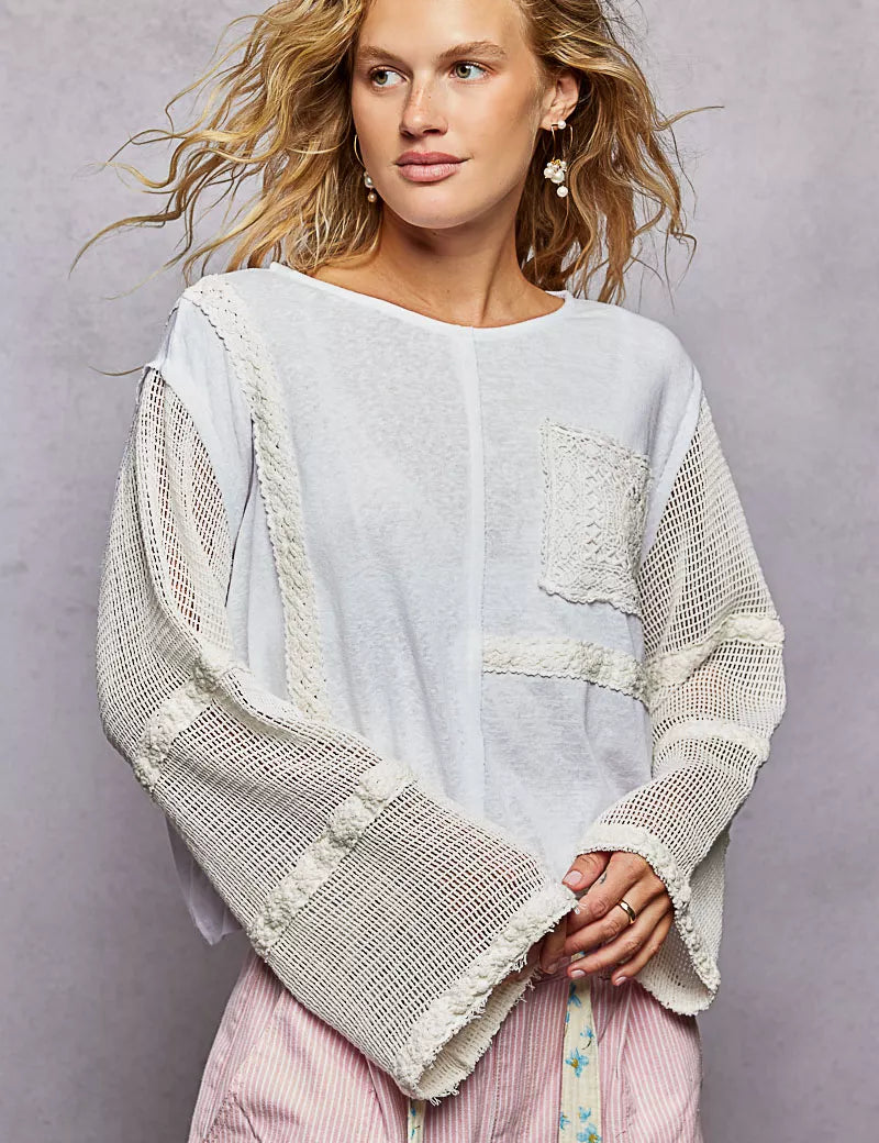 POL Round Neck Washed Top with Crochet See Through Sleeves on Simply Obsessed