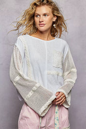 POL Round Neck Washed Top with Crochet See Through Sleeves on Simply Obsessed
