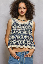 POL Floral Round Neck Cropped Crochet Sleeveless Top with Scalloped Edge on Simply Obsessed