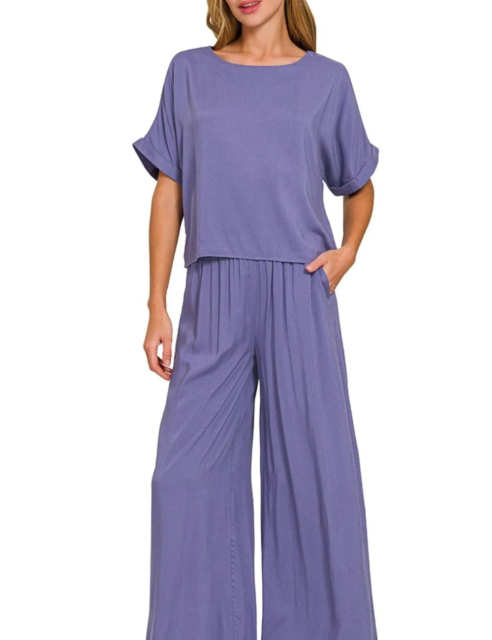 Zenana Round Neck T-Shirt and Wide Leg Pants Set on Simply Obsessed