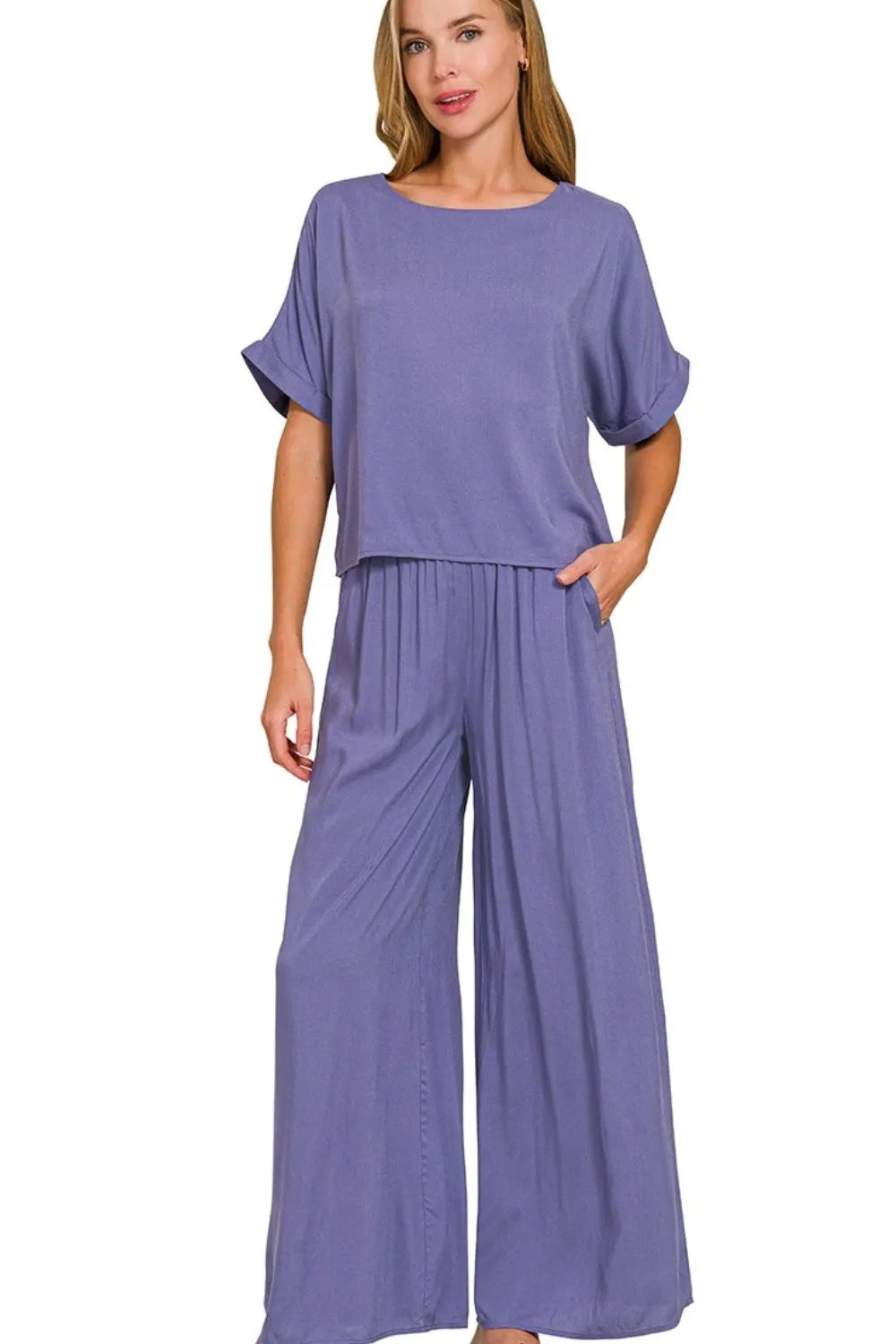 Zenana Round Neck T-Shirt and Wide Leg Pants Set on Simply Obsessed