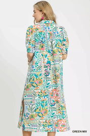 Umgee Folk Print Midi Dress with Side Pockets on Simply Obsessed