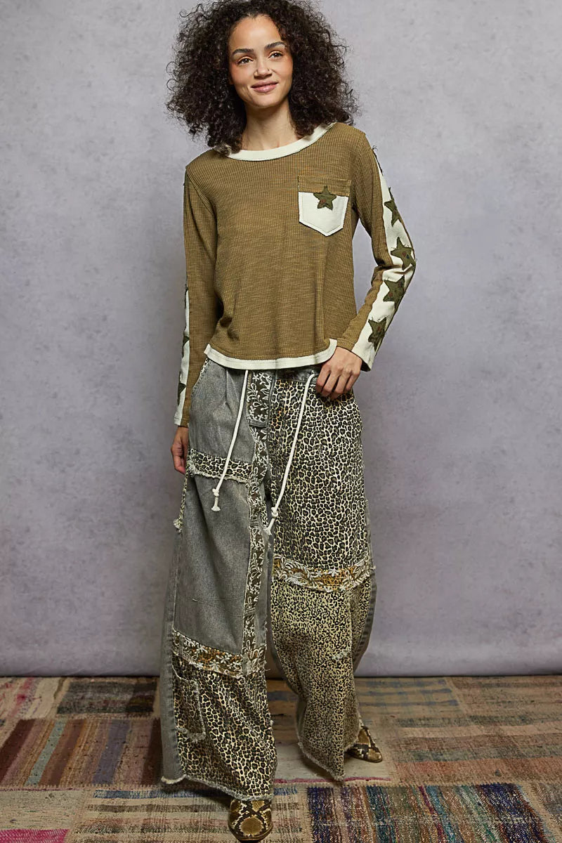 POL Round Neck Long Sleever T-Shirt with Star Patch on Simply Obsessed