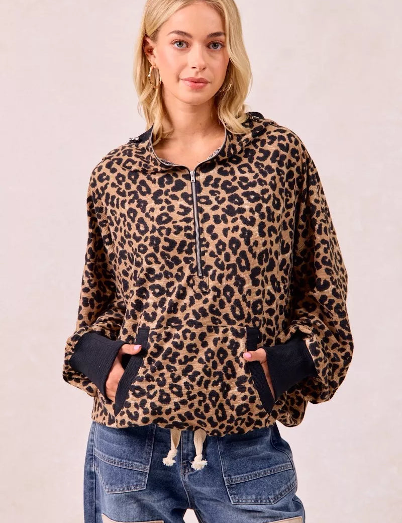 BiBi Leopard Print Waffle Half Zip Up Hoodie W Pocket on Simply Obsessed