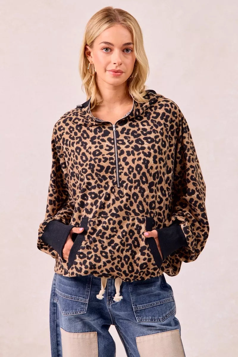 BiBi Leopard Print Waffle Half Zip Up Hoodie W Pocket on Simply Obsessed