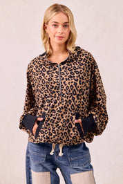 BiBi Leopard Print Waffle Half Zip Up Hoodie W Pocket on Simply Obsessed