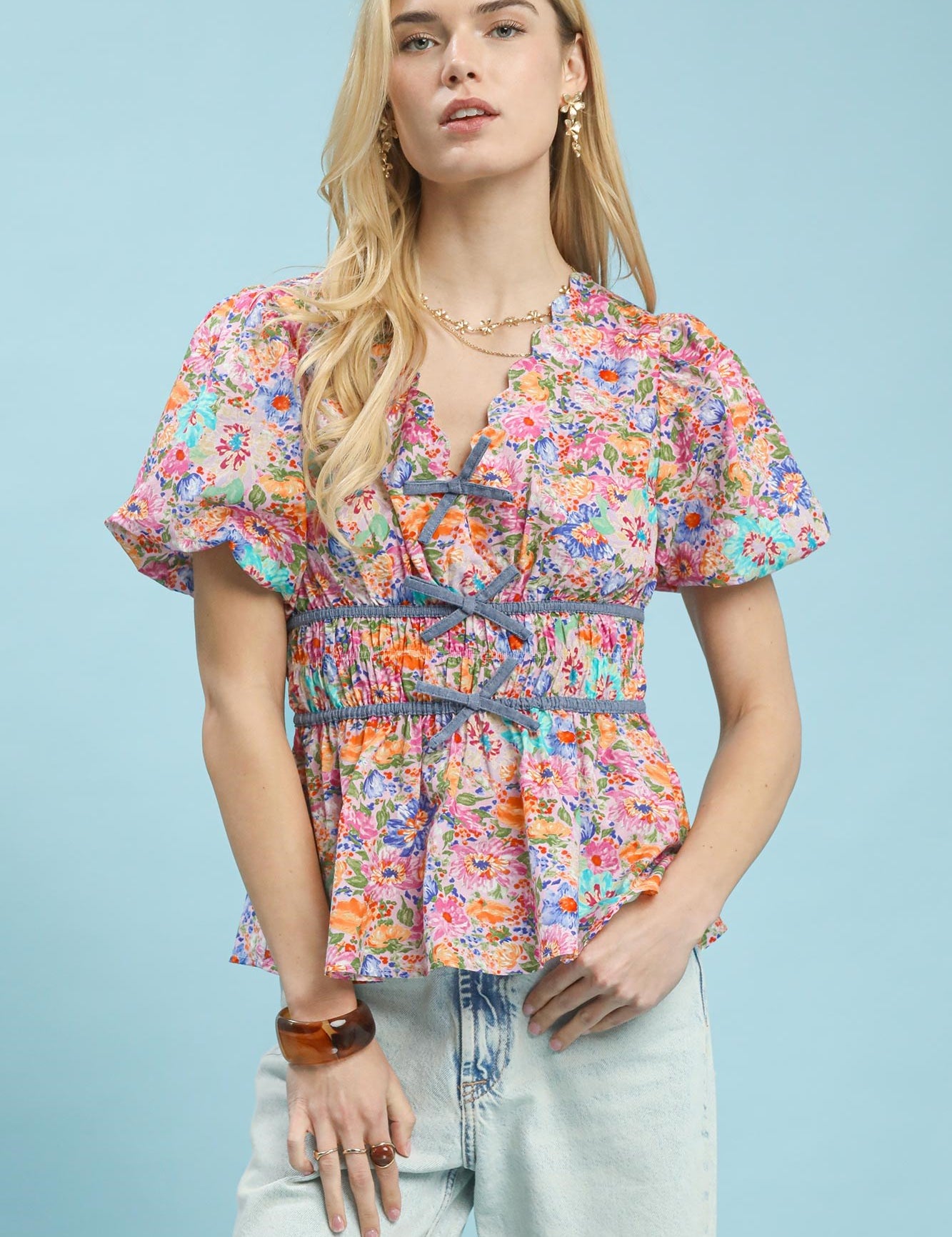UMGEE Mix Floral Smocked Waist Blouse on Simply Obsessed