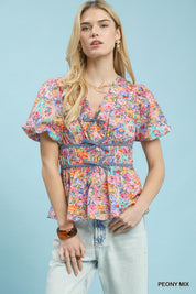 UMGEE Mix Floral Smocked Waist Blouse on Simply Obsessed
