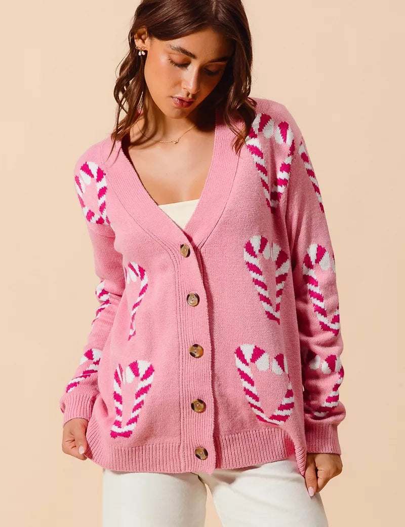 SO ME Christmas Candy Cane Button Front Sweater Cardigan on Simply Obsessed