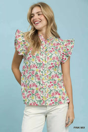 UMGEE Floral Print Ruffle Cap Sleeve Shirt **DEBUT SALE** on Simply Obsessed