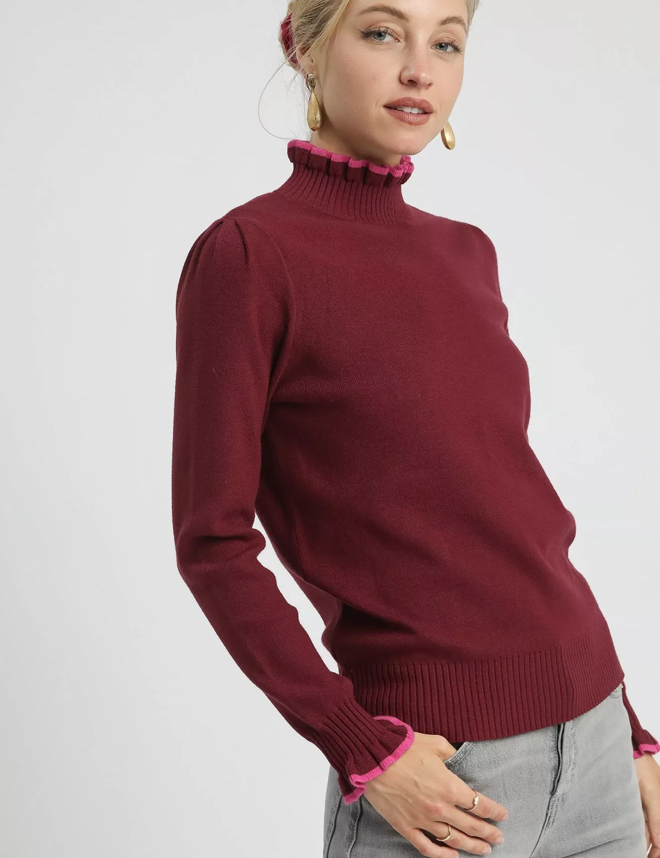 UMGEE Ribbed Round Neck Sweater with Ruffle Contrast Trim on Simply Obsessed