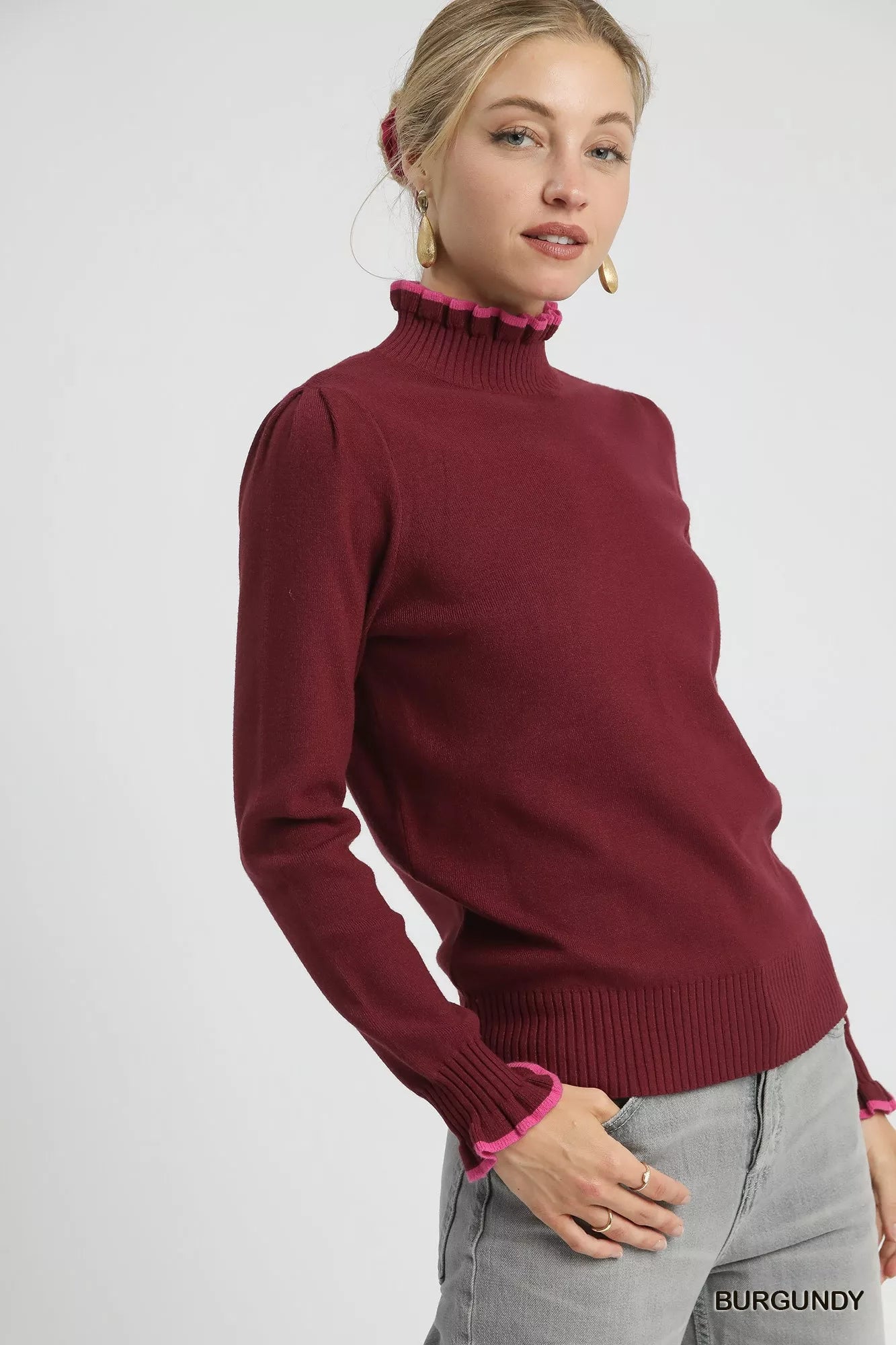 UMGEE Ribbed Round Neck Sweater with Ruffle Contrast Trim on Simply Obsessed