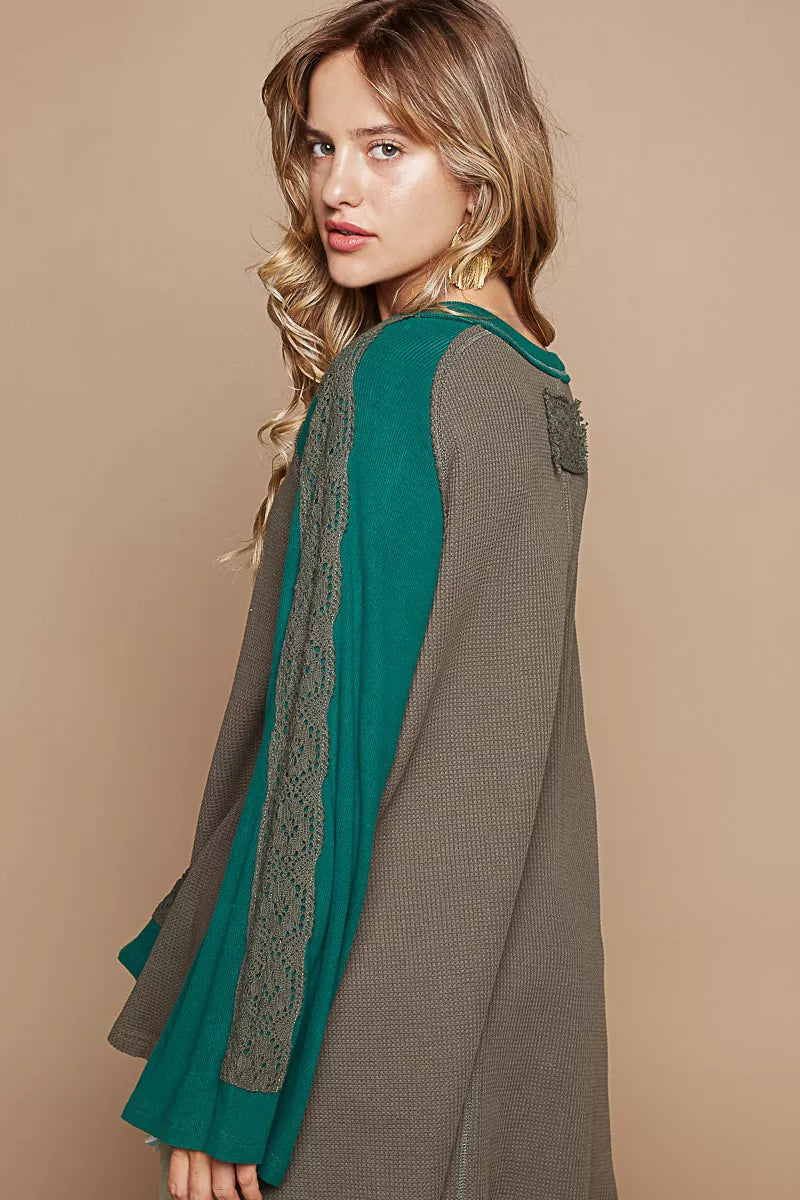 POL Scoop Neck Contrast Long Sleeve Top with Lace Detail on Simply Obsessed