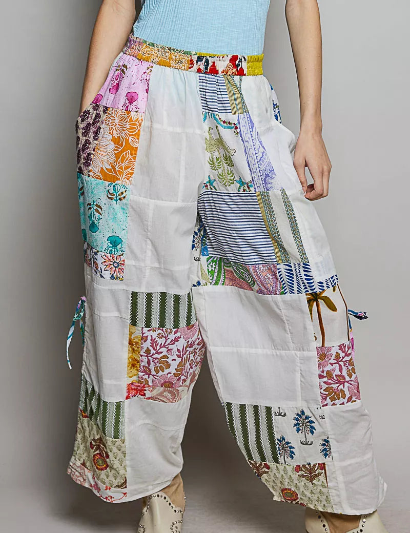 POL Printed Patchwork Wide Leg Pants with Adjustable Side Drawstring on Simply Obsessed