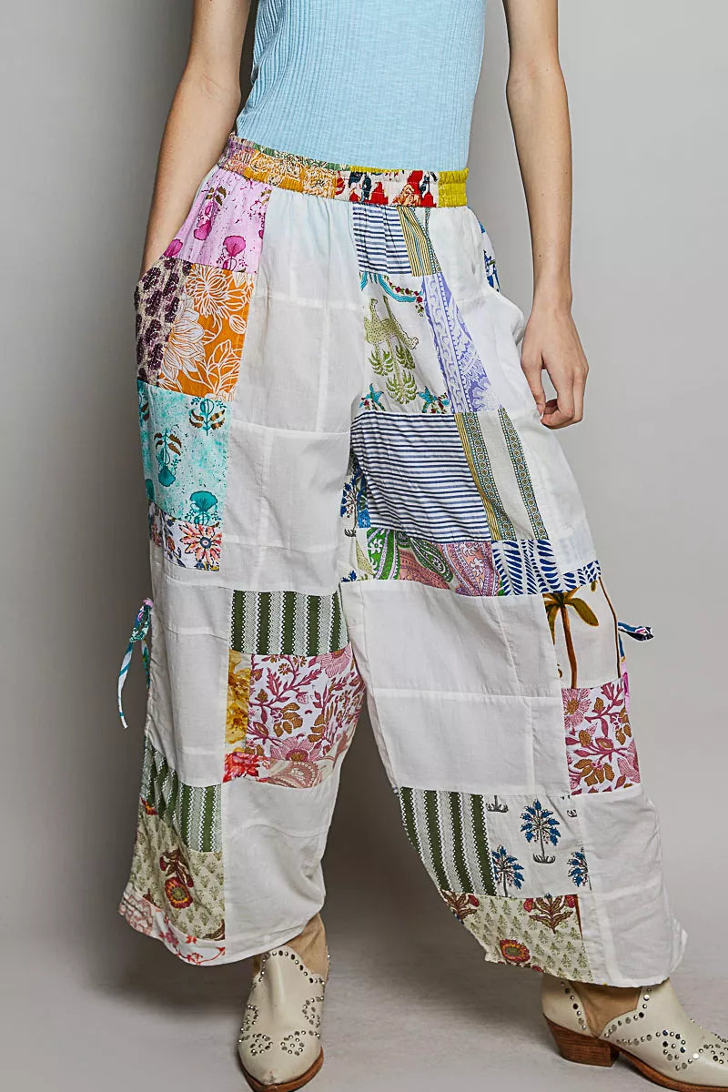POL Printed Patchwork Wide Leg Pants with Adjustable Side Drawstring on Simply Obsessed