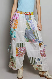 POL Printed Patchwork Wide Leg Pants with Adjustable Side Drawstring on Simply Obsessed
