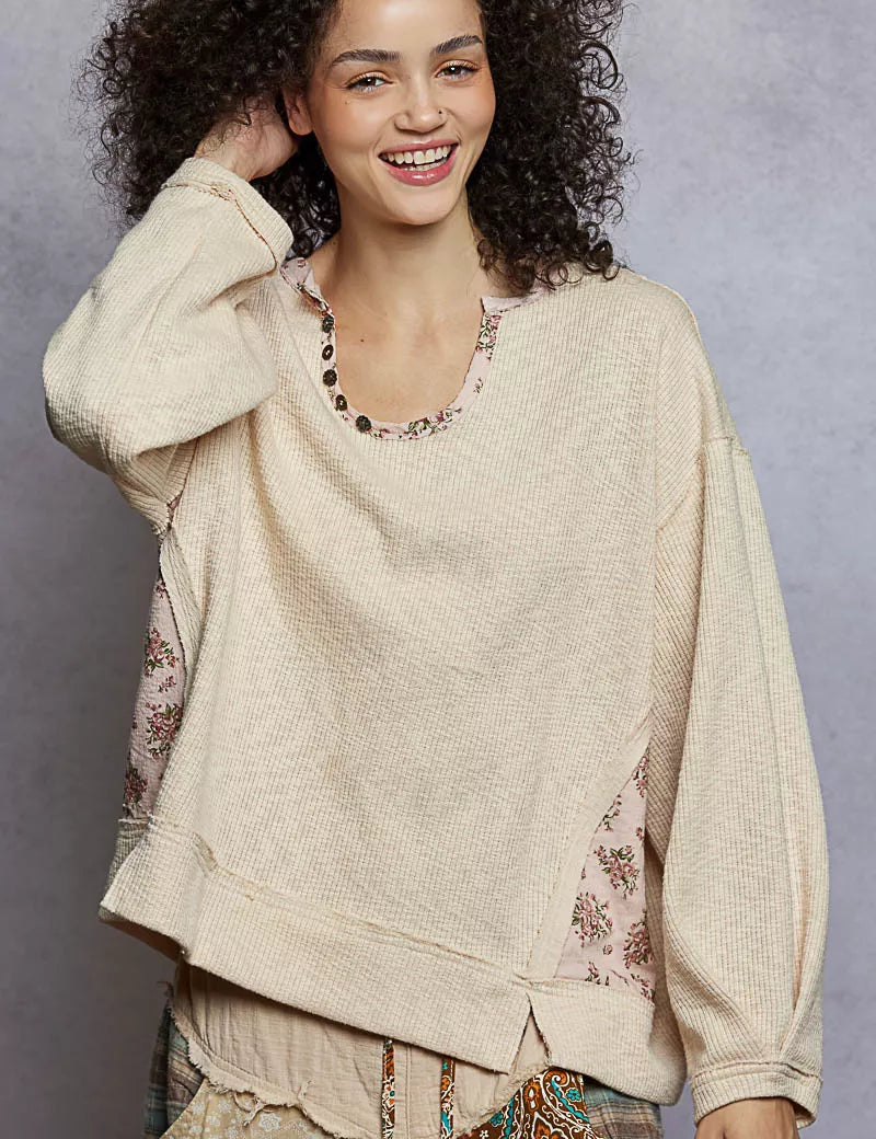 POL Balloon Sleeve Oversized Ribbed Top with Floral Pattern Contrast on Simply Obsessed