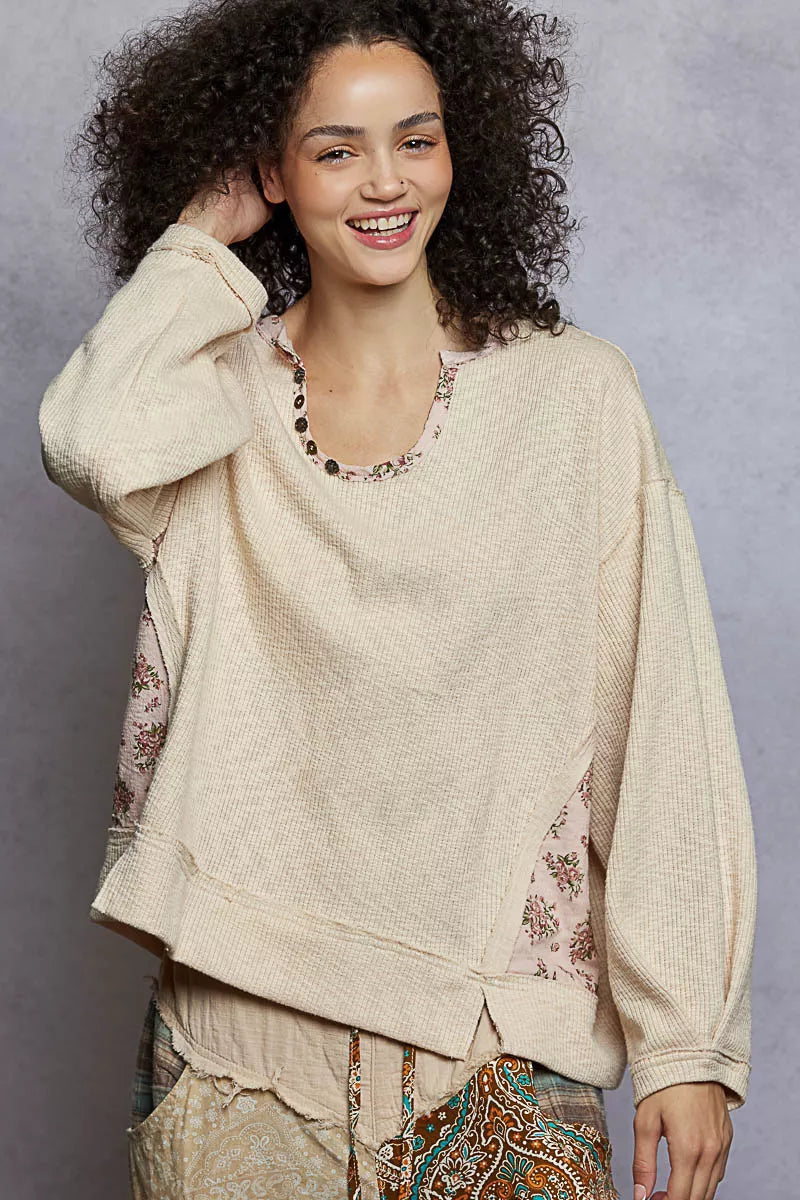 POL Balloon Sleeve Oversized Ribbed Top with Floral Pattern Contrast on Simply Obsessed