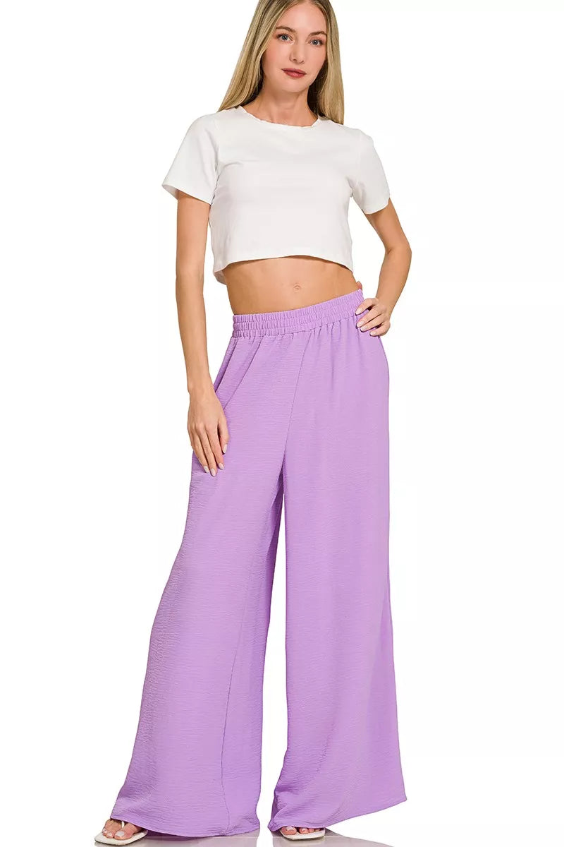 ZENANA Woven Airflow Twisted Top & Wide Leg Pants Set on Simply Obsessed