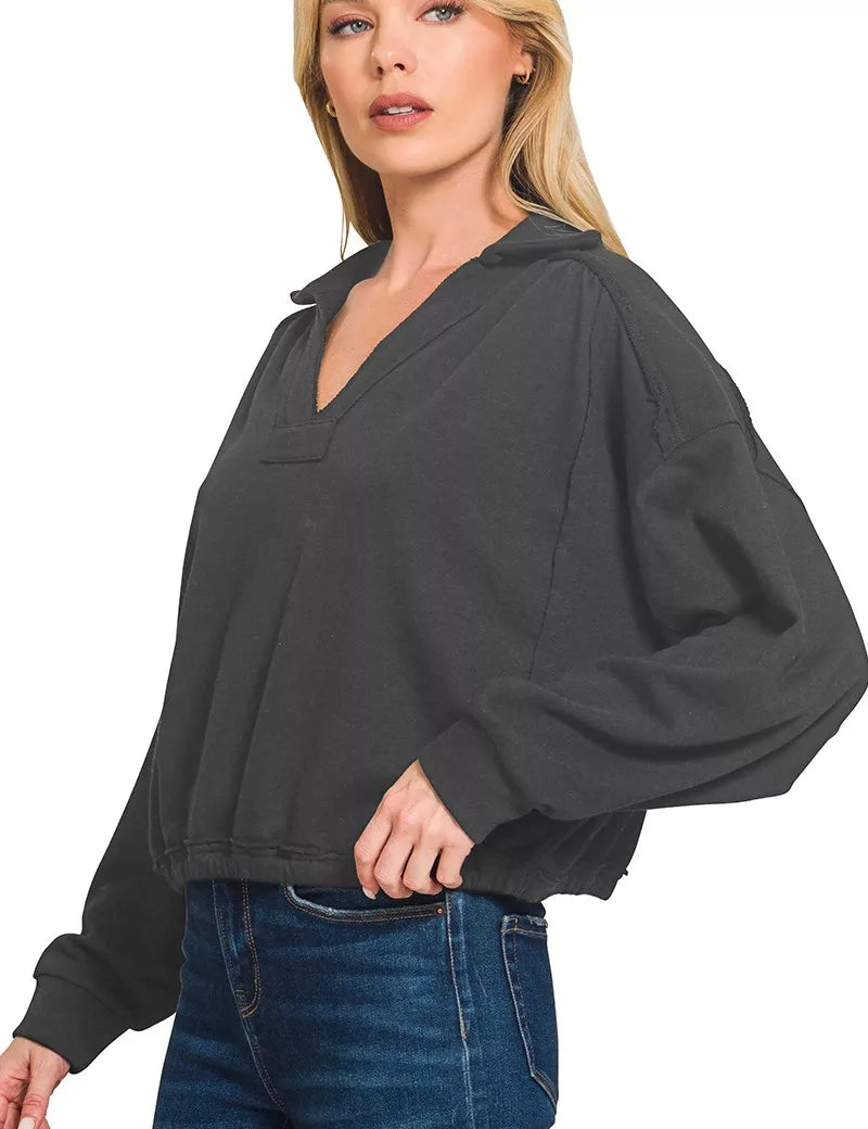 Zenana French Terry Collared Exposed Seam Sweatshirt on Simply Obsessed