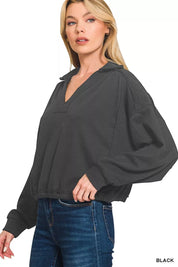 Zenana French Terry Collared Exposed Seam Sweatshirt on Simply Obsessed
