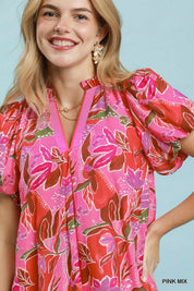 UMGEE Tropical Floral Puff Sleeve Tiered Mini Dress on Simply Obsessed