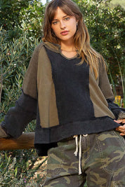 POL Color Block Waffle Knit Raw Hem Sweatshirt on Simply Obsessed