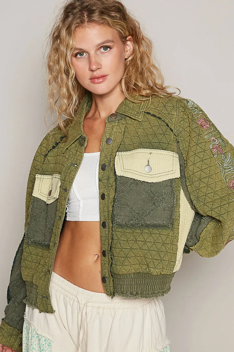 POL Embroidered Sleeve Raw Edge Quilted Jacket on Simply Obsessed