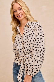 BIBI Polka Dot Print Tie Hem Detail Crop Shirt on Simply Obsessed