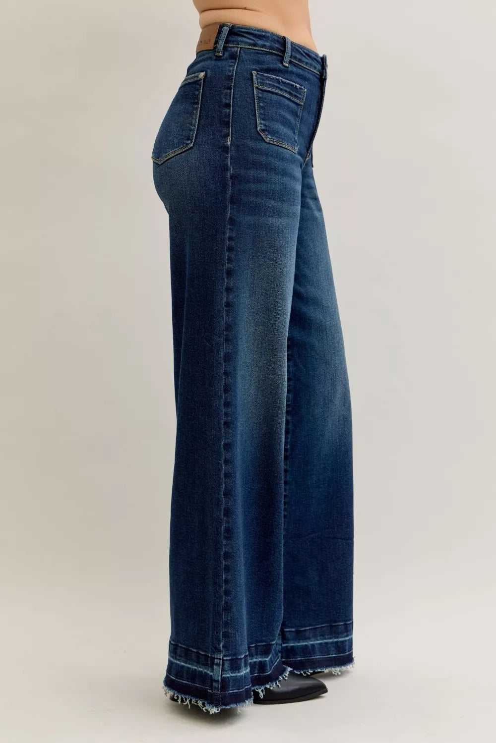 JUDY BLUE High Waist Palazzo Jeans with Front Patch Pockets on Simply Obsessed