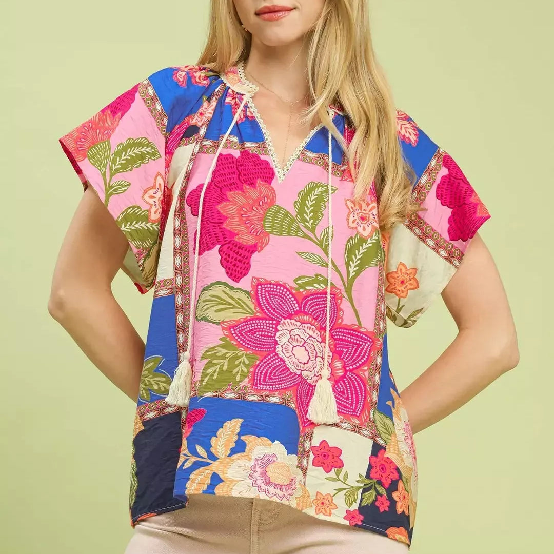 UMGEE Mix Floral Patchwork Tassel Tie Top on Simply Obsessed