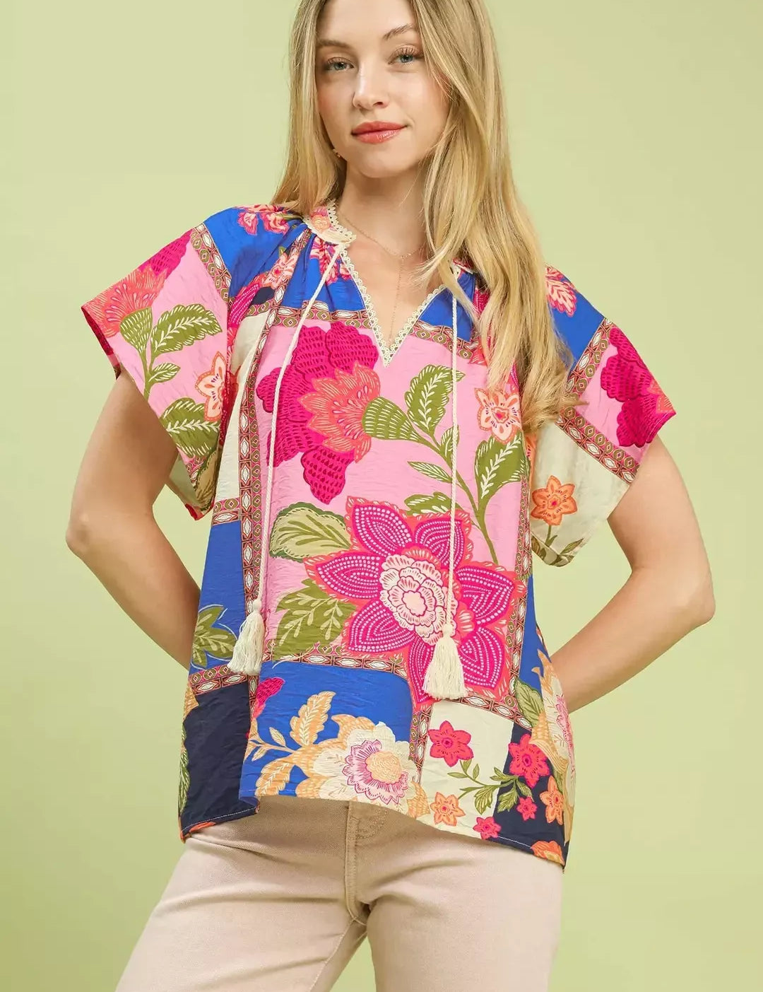UMGEE Mix Floral Patchwork Tassel Tie Top on Simply Obsessed