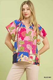 UMGEE Mix Floral Patchwork Tassel Tie Top on Simply Obsessed