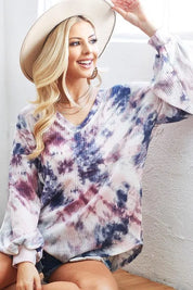 BIBI Tie-Dye V-Neck Long Sleeve Waffle Top on Simply Obsessed
