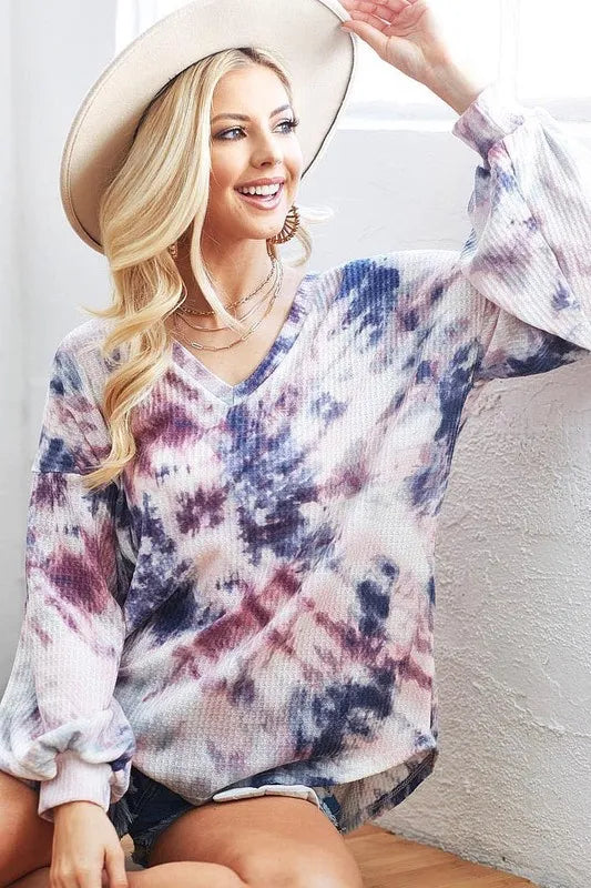 BIBI Tie-Dye V-Neck Long Sleeve Waffle Top on Simply Obsessed