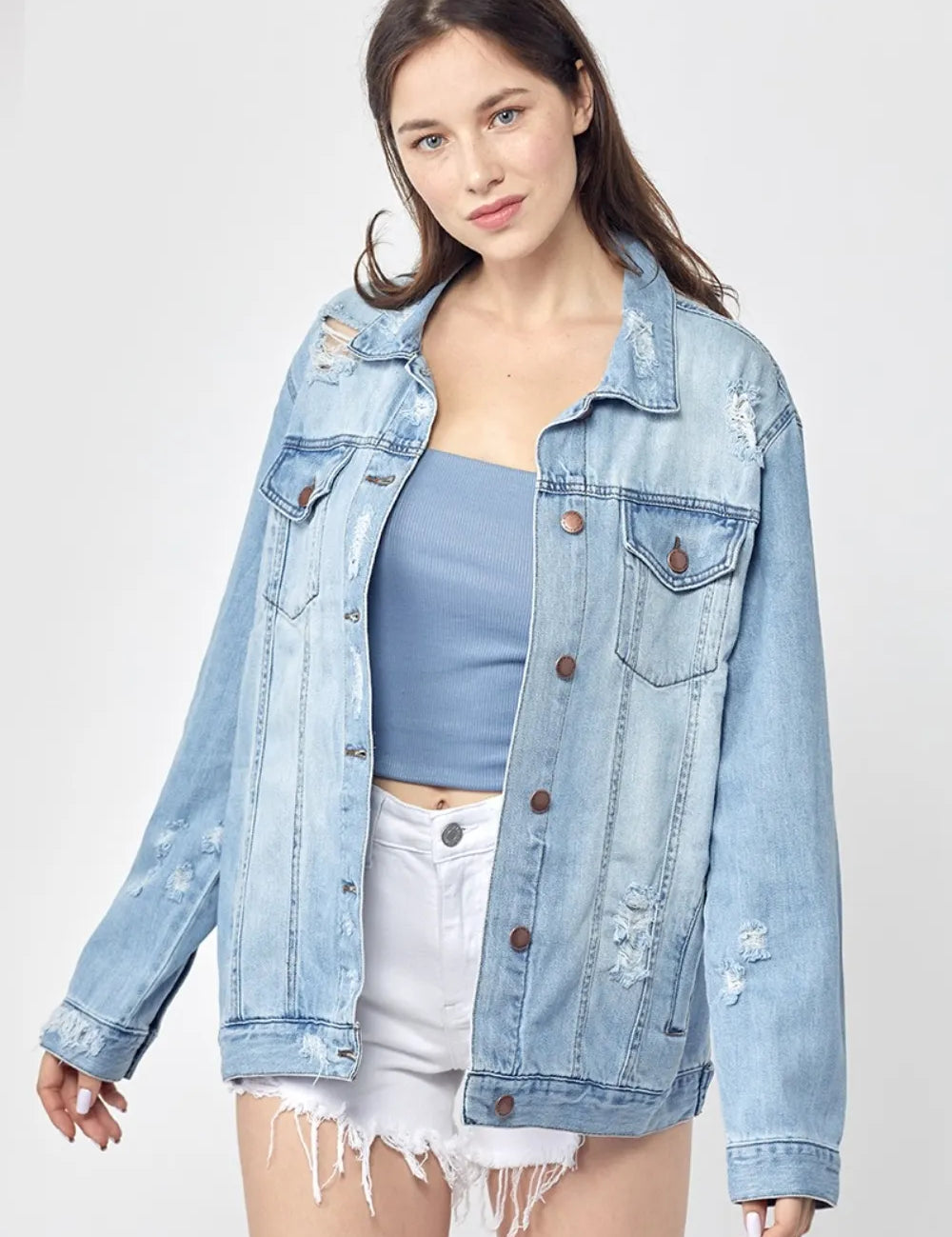 RISEN Full Size Distressed Long Sleeve Denim Jacket Plus Size on Simply Obsessed