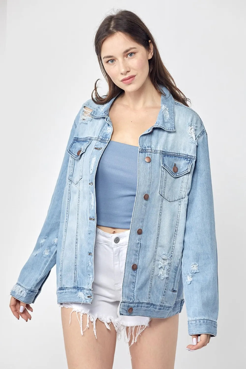 RISEN Full Size Distressed Long Sleeve Denim Jacket Plus Size on Simply Obsessed