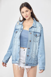 RISEN Full Size Distressed Long Sleeve Denim Jacket Plus Size on Simply Obsessed