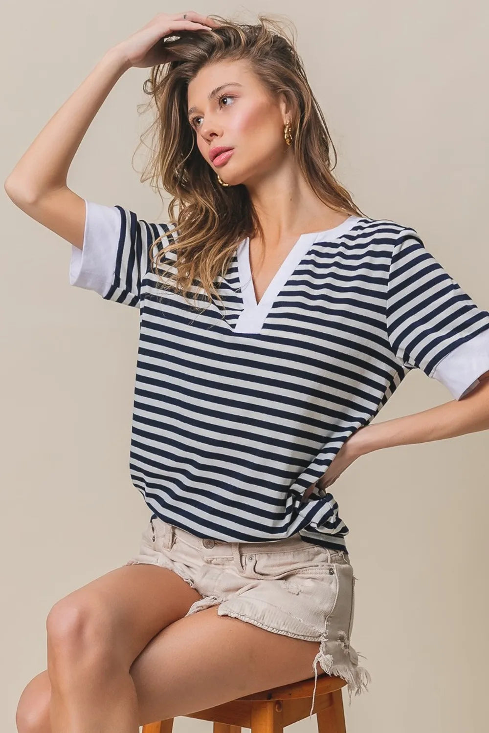 BIBI Contrast Striped Notched Knit Top on Simply Obsessed