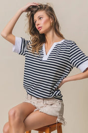 BIBI Contrast Striped Notched Knit Top on Simply Obsessed