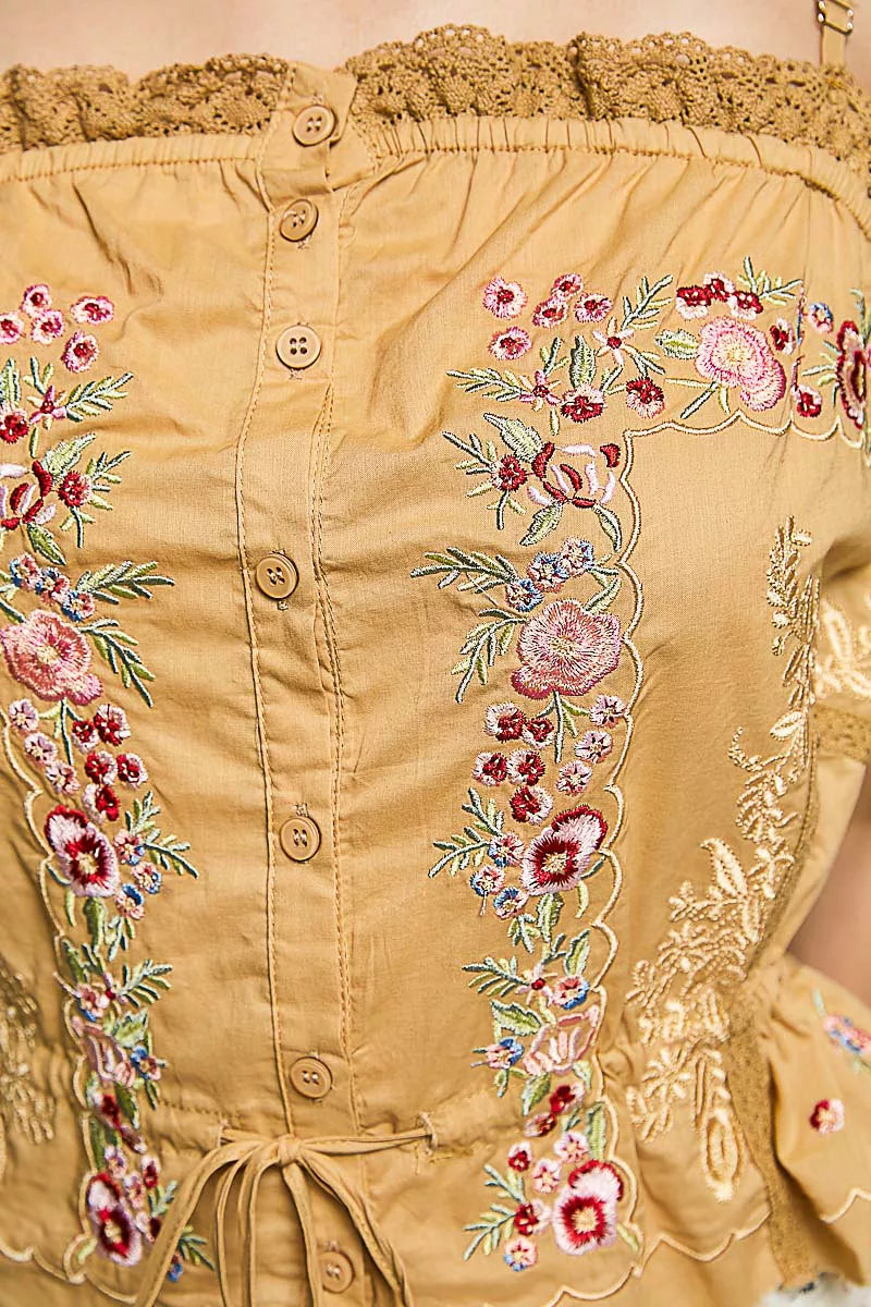 POL Button Down Floral Embroidered Cropped Cami with Lace Detail on Simply Obsessed