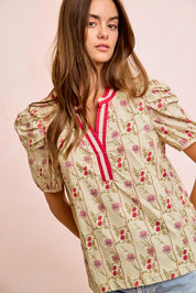BIBI Floral Gather Sleeves Contrast Neckband Blouse Top on Simply Obsessed